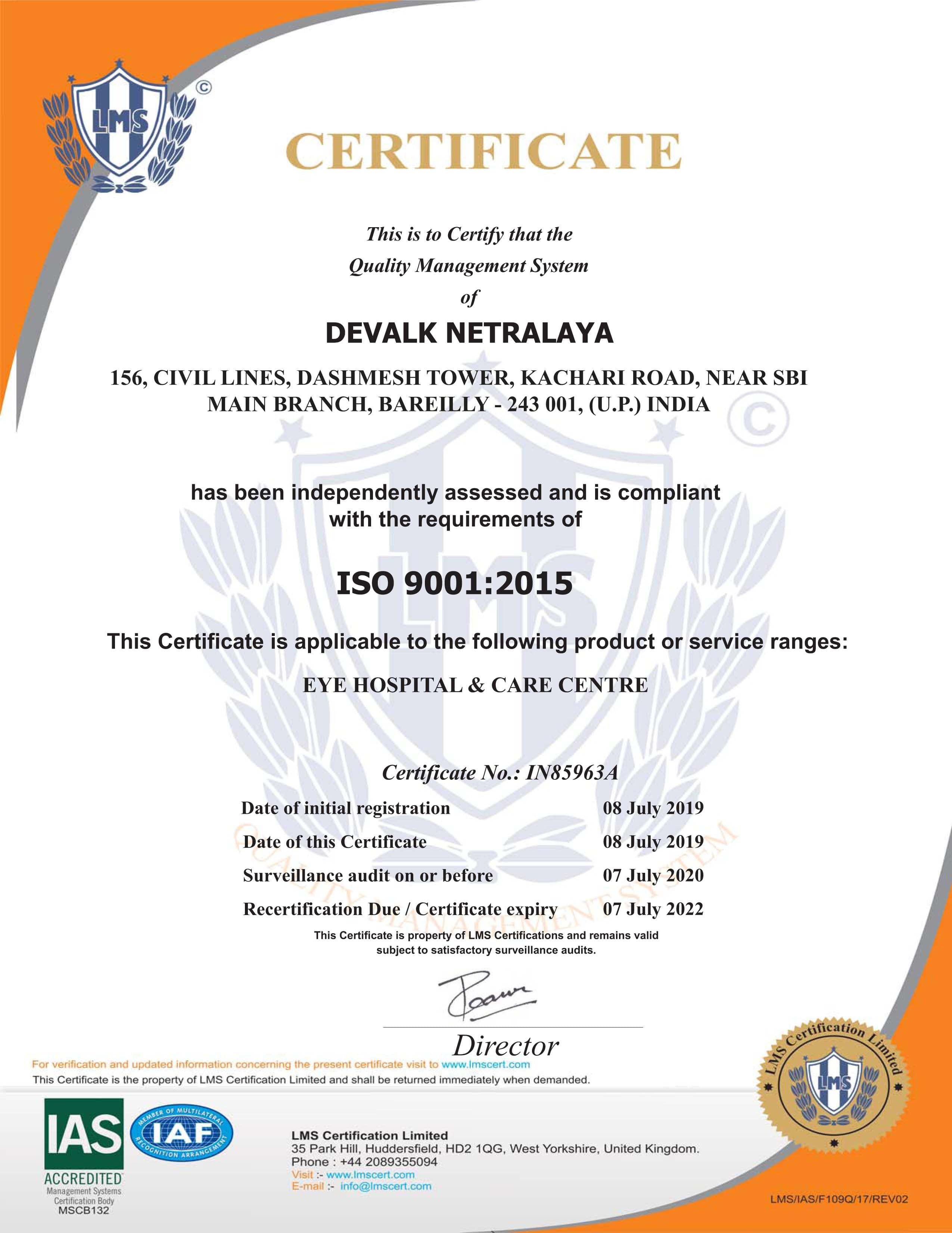Devalk Netralaya Certificate